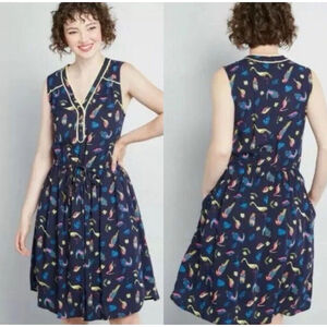 ModCloth Dress Novelty Navy Blue Cafe Au Soleil Tropical Birds Sleeveless Medium